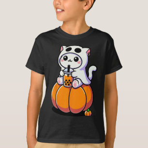 Niedliche Halloween-Katze in Geisterkostüm trinken T-Shirt