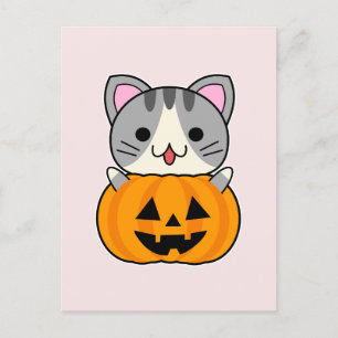 Niedliche Halloween-Katze in Kürbislaterne Postkarte