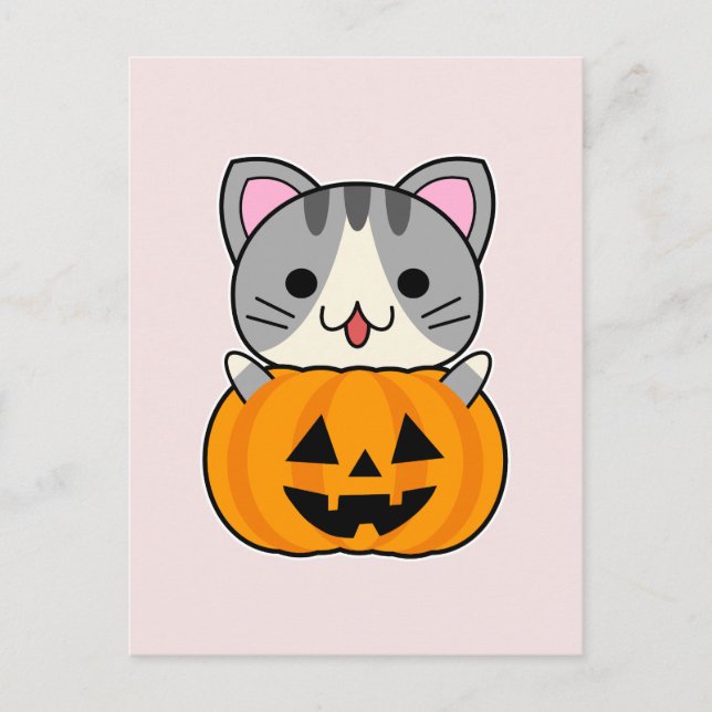 Niedliche Halloween-Katze in Kürbislaterne Postkarte (Vorderseite)