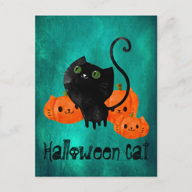 Niedliche Halloween-Katze mit Kürbis Postkarte (Vorderseite)