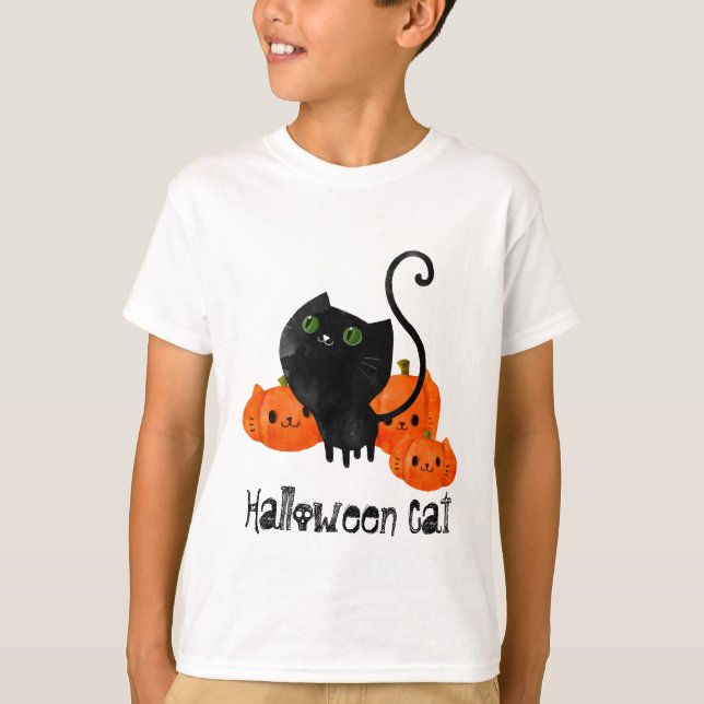 Niedliche Halloween-Katze mit Kürbis T-Shirt (Vorderseite)