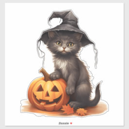 Niedliche Halloween-Katze mit Kürbis und Herbstblä Aufkleber