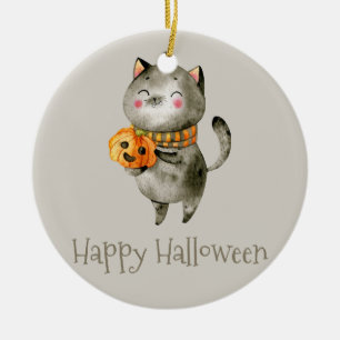 Niedliche Halloween-Katze mit Pumpkin   Keramik-Or Keramik Ornament