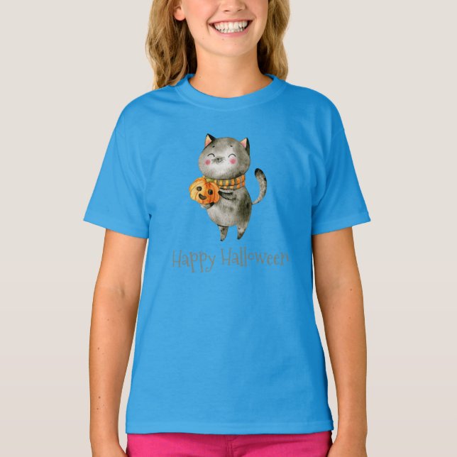 Niedliche Halloween-Katze mit Pumpkin-Ringer-Shirt T-Shirt (Vorderseite)