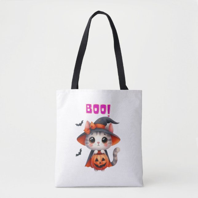 Niedliche Halloween-Katze mit Pumpkin und Hexenhut (Vorderseite)