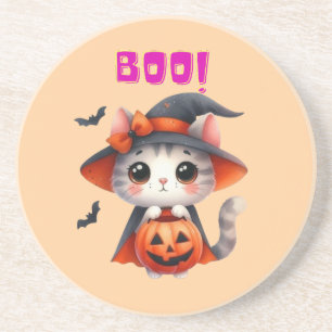 Niedliche Halloween-Katze mit Pumpkin und Hexenhut Getränkeuntersetzer
