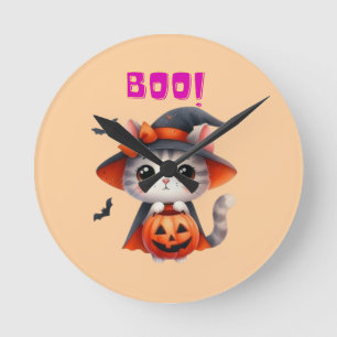 Niedliche Halloween-Katze mit Pumpkin und Hexenhut Runde Wanduhr