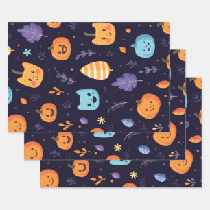 Niedliche Halloween-Katzen und Kürbis Geschenkpapier Set