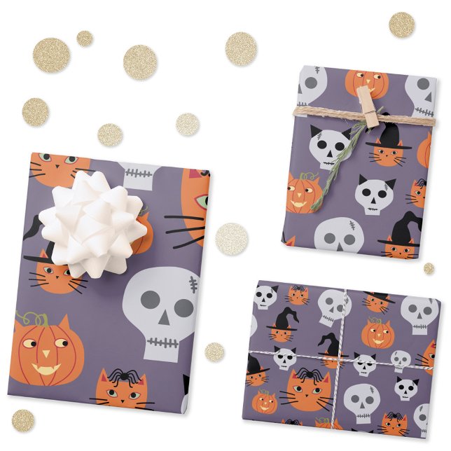 Niedliche Halloween-Katzen und -Skulls Spooky Geschenkpapier Set (Fun Halloween cats, skulls and pumpkins gift wrap in three scales.)