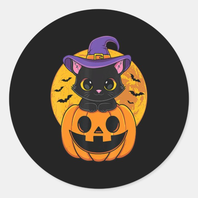 Niedliche Halloween-Katzenjacke, Kürbiskürbis für  Runder Aufkleber (Vorderseite)