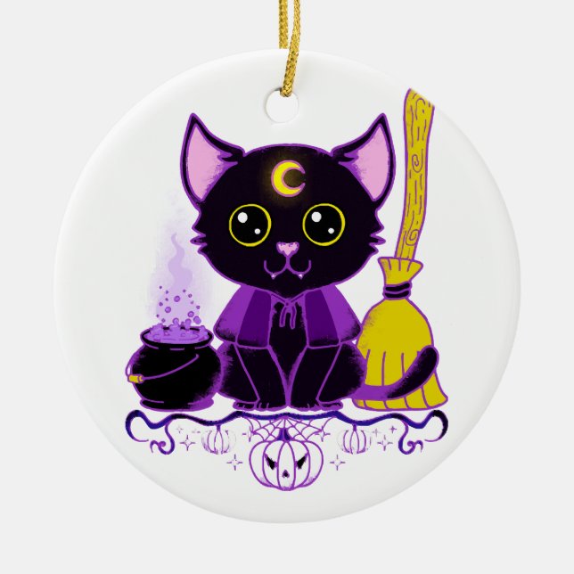 Niedliche Halloween-Katzenwitsche Keramik Ornament (Vorne)
