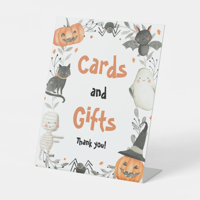 Niedliche Halloween-Kinderduschkarten und Geschenk Sockelschild (Vorderseite)