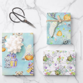 Niedliche Halloween-Kostümtiere Leckereien Blau Geschenkpapier Set