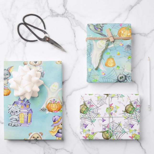 Niedliche Halloween-Kostümtiere Leckereien Blau Geschenkpapier Set (Vorderseite)