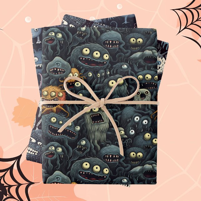 Niedliche Halloween-Monster in dunkelbraunen Grau Geschenkpapier Set (Von Creator hochgeladen)