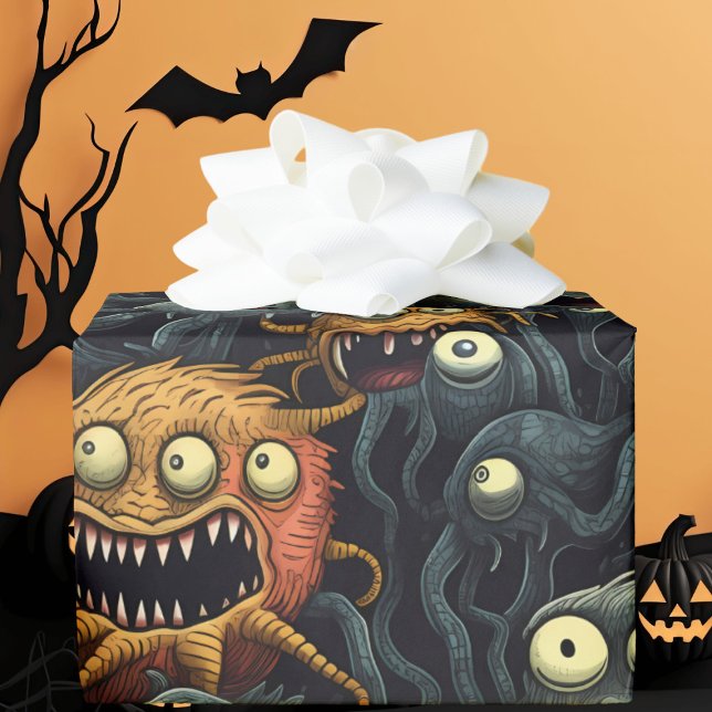 Niedliche Halloween-Monster, Orange, Dunkelgrau Geschenkpapier (Von Creator hochgeladen)