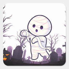 Niedliche Halloween Mummy in Spooky Graveyard - Fu Quadratischer Aufkleber