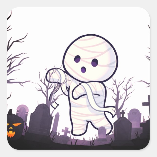 Niedliche Halloween Mummy in Spooky Graveyard - Fu Quadratischer Aufkleber (Vorderseite)