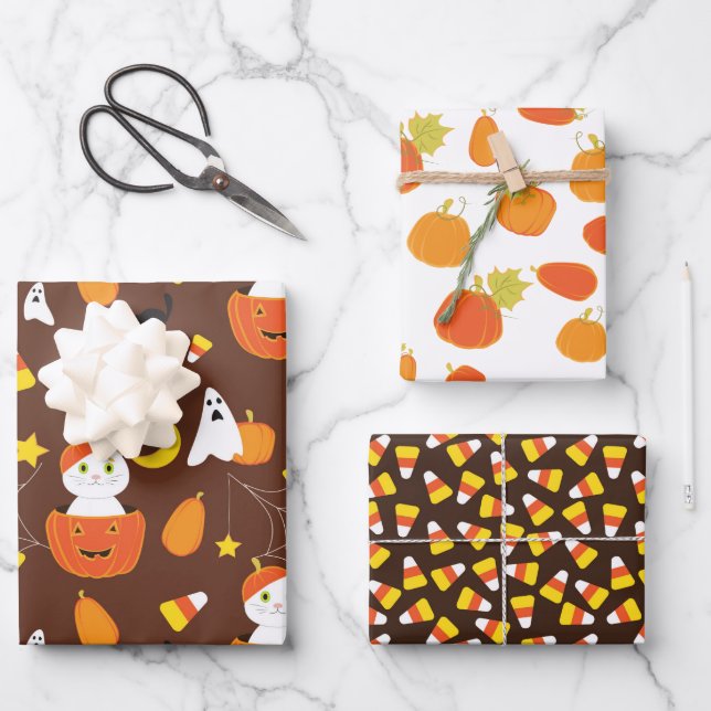 Niedliche Halloween-Muster Geschenkpapier Set (Vorderseite)