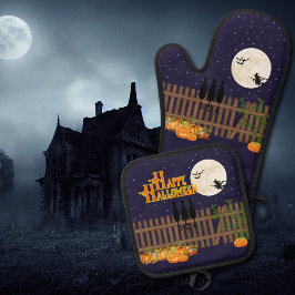 Niedliche Halloween Night Full Moon Szene Ofenhandschuh & Topflappen-Set