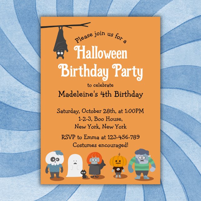 Niedliche Halloween Party Einladung (Kids Cute Halloween Birthday Party Invitation. Kids birthday party, Halloween Party. Orange.)