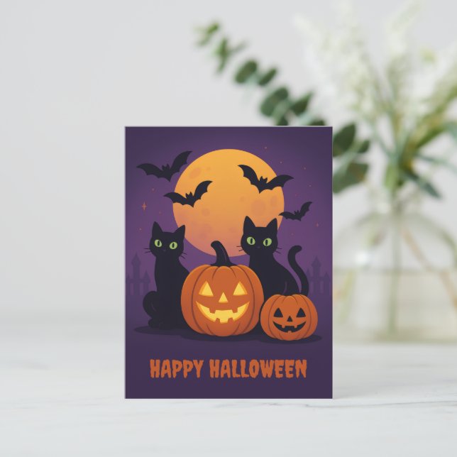 Niedliche Halloween Postkarte - Schwarze Katzen &  (Stehend Vorderseite)