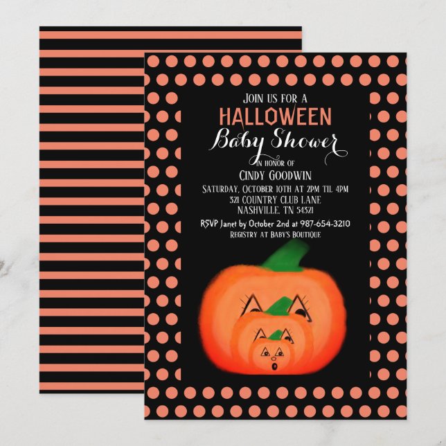 Niedliche Halloween Pumpkin Black Orange Babydusch Einladung (Vorne/Hinten)