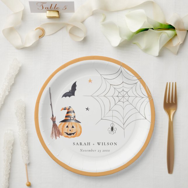 Niedliche Halloween Pumpkin Spiderweb Spooky Weddi Pappteller (Hochzeit)