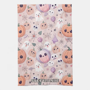 Niedliche Halloween Pumpkins & Ghosts auf rosa Nah Geschirrtuch
