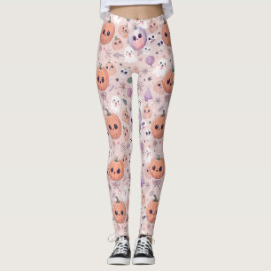 Niedliche Halloween Pumpkins & Ghosts auf rosa Nah Leggings