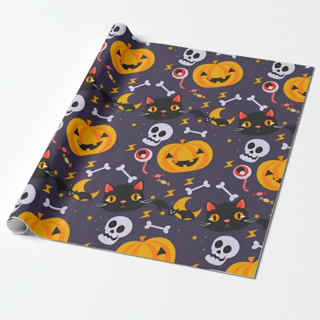 Niedliche Halloween-Skulls, Katzen & Kürbis lächel Geschenkpapier (Ungerollt)