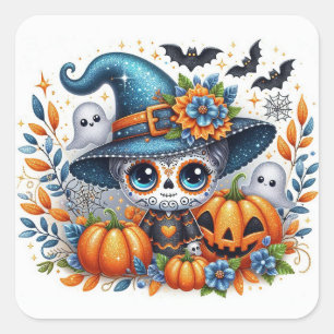 Niedliche Halloween Sugar Skull Hexe Quadratischer Aufkleber