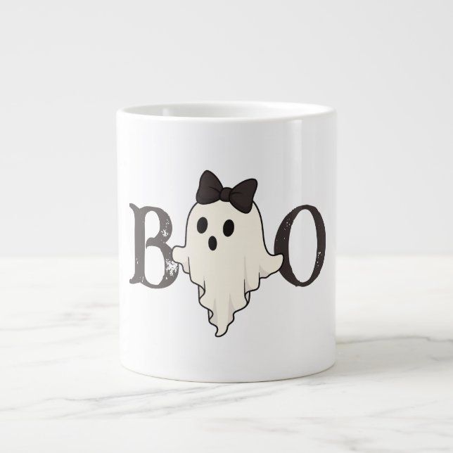 Niedliche Halloween-Tasse - "Boo"-Geist mit Bow Jumbo-Tasse (Vorderseite)
