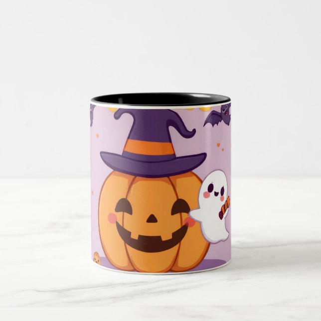 Niedliche Halloween-Tasse - Kawaii Pumpkin, Ghost  Zweifarbige Tasse (Mittel)