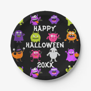 Niedliche Halloweenmonster auf Schwarz Pappteller