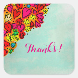Niedliche Hand Drawn Doodle Herz und Blume Dank Quadratischer Aufkleber