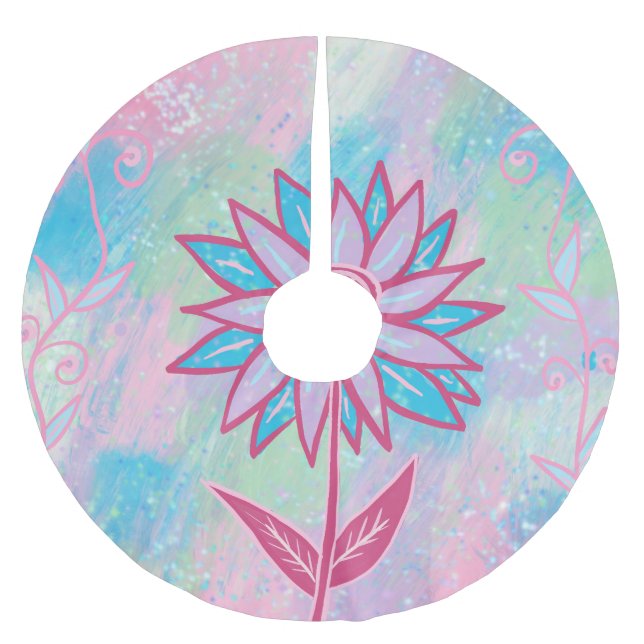 Niedliche handgezeichnet PastelBlume Polyester Weihnachtsbaumdecke (Vorderseite)