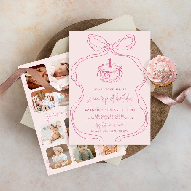 Niedliche Handgezeichnete Bow Pink Girl Foto 1. Ge Einladung (Modern trendy blush pink coquette bow cake 1st first birthday party invitation 12 month photos)