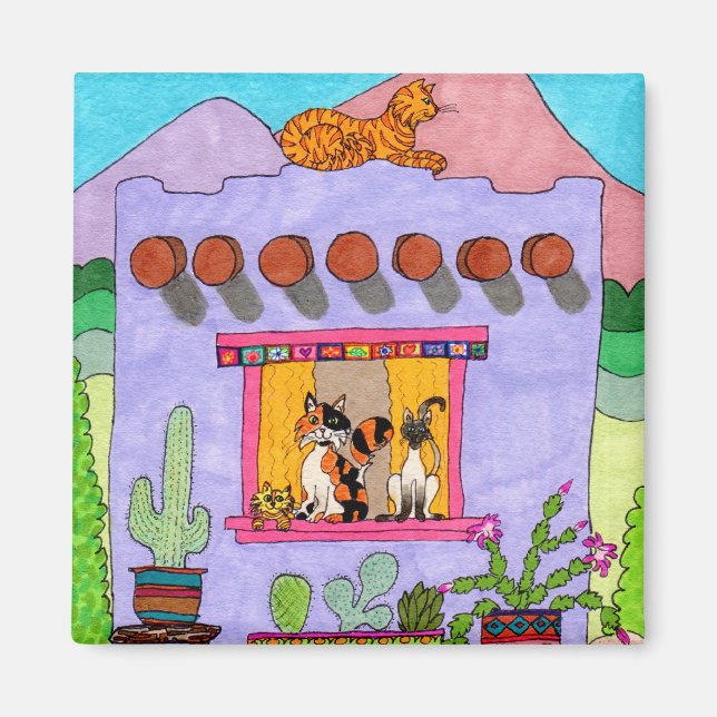 Niedliche handgezeichnete Lila Adobe House Cats Wü Magnet (Vorne)