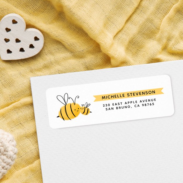 Niedliche handgezogene Bienen und gelbe Banner-Rüc (Return Address Label Mock-up)