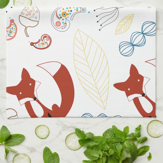 Niedliche, handgezogene Foxhörnchen in Gelb-Blau-R Handtuch (Gefaltet)