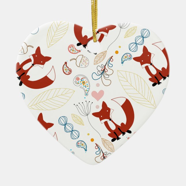 Niedliche, handgezogene Foxhörnchen in Gelb-Blau-R Keramik Ornament (Vorne)