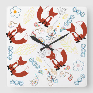 Niedliche, handgezogene Foxhörnchen in Gelb-Blau-R Quadratische Wanduhr