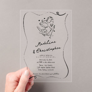 Niedliche handgezogene Krone auf Skis Winterhochze Acryleinladungen