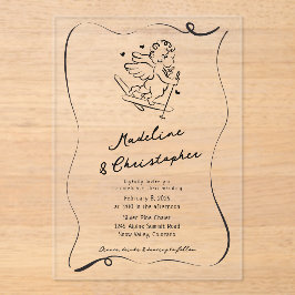 Niedliche handgezogene Krone auf Skis Winterhochze Acryleinladungen