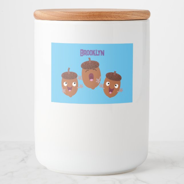Niedliche Happy Acorns singen Cartoon für Kinder Lebensmitteletikett (Vorderseite)