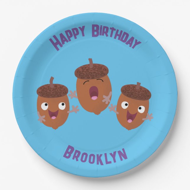 Niedliche Happy Acorns singen Cartoon für Kinder Pappteller (Vorderseite)