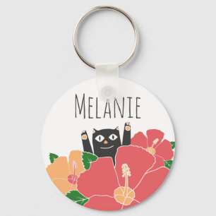 Niedliche Happy Cat Spring Blumen Personalisiert Schlüsselanhänger
