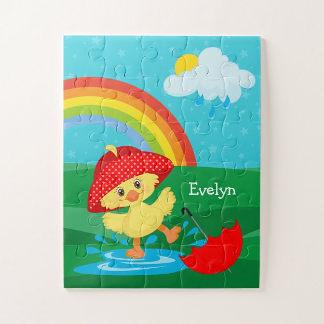 Niedliche Happy Duck in Regen mit Regenbogen Puzzle (Vertikal)