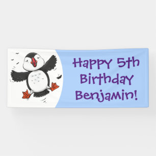 Niedliche Happy-Fying-Puffsängerin mit blauen Cart Banner